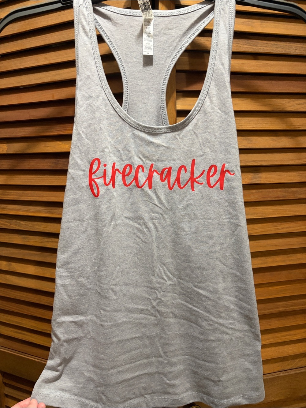 "firecracker" Graphic Racerback Tank - Light Gray with Red Script